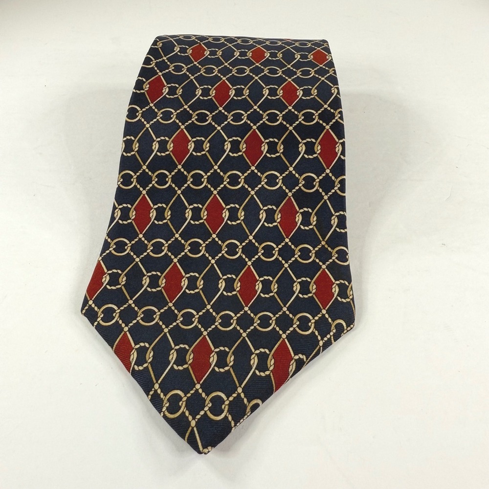 Vintage Claybrooke Pure Silk Hand Made Nautical Blue Red White Gold Tie 57.5"